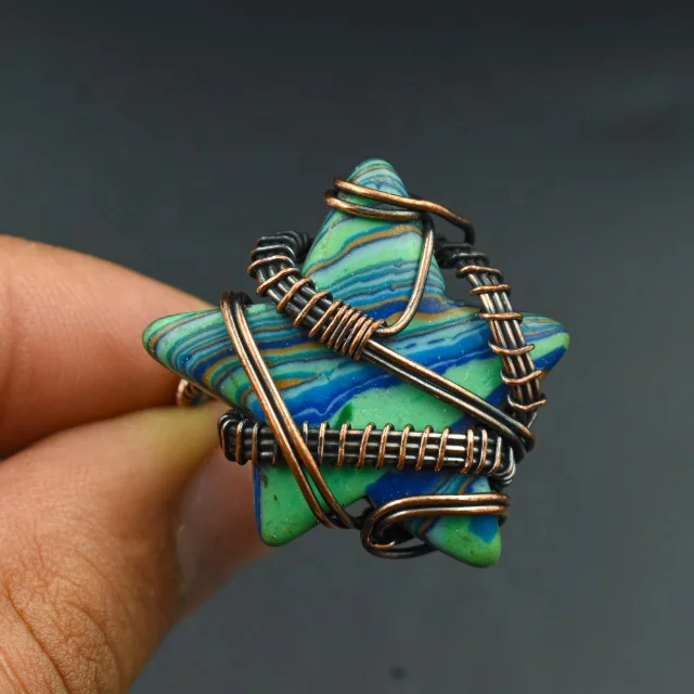 Star Shaped rainbow Glass Aura Magical Wire Wrapped unicorn Star Ring Summer Surf Blue Flash Wire Wrap Women Ring