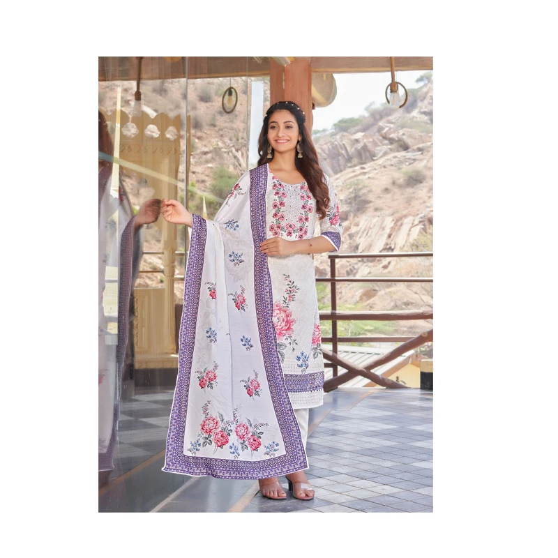 TOP SELLING NEW INDIAN & PAKISTANI STYLISH HEAVY EMBROIDERY LONG 3 PIECES CHICKEN FABRIC KURTI SET DRESS FOR WOMEN 2024