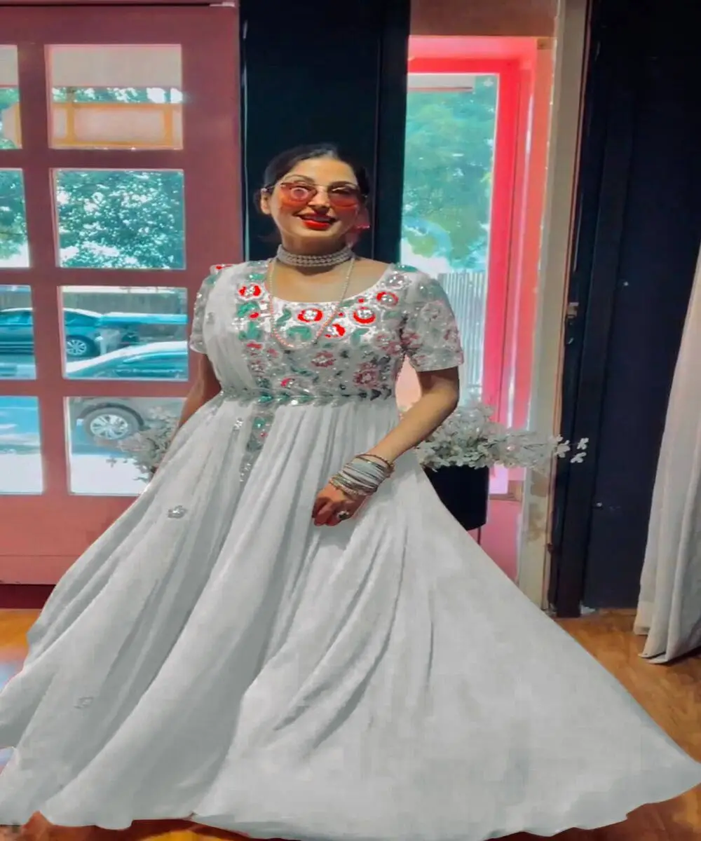 Fabulous festival wear new arrival anarkali flour length long gown with dupatta georgette fabric yellow border regular sleeve