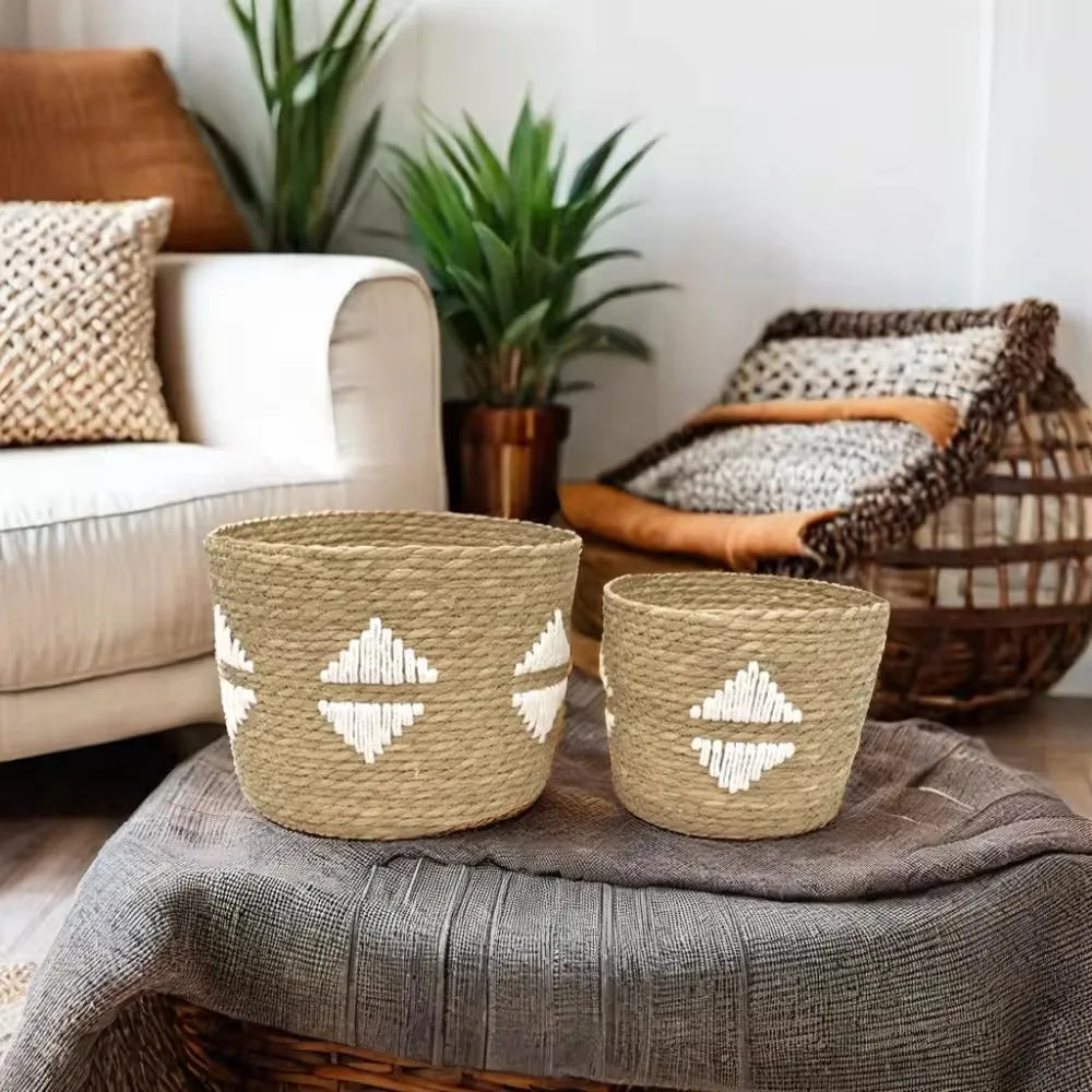 ZONNEST Hight Quality Cheap Natural Round Cattail Grass Woven Craft Basket Handmade Straw Woven Storage Box Basket Set For Home