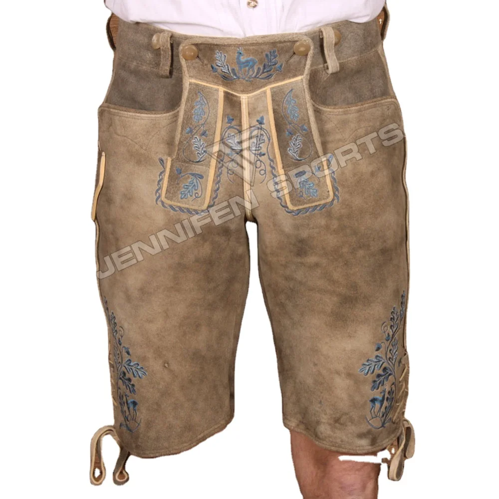 OEM Bavarian Lederhosen Shorts for Men Genuine Cowhide Suede Leather with Front Embroidery Buttons Belt Loops German Festival