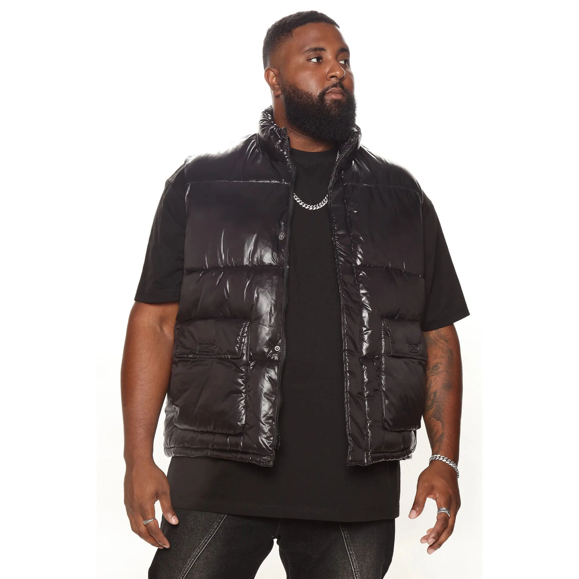 Waterproof Stand Collar Puffy Vest with Zipper Custom Logo Warm Long Cotton Puffer Men Formal Winter Outdoor Use