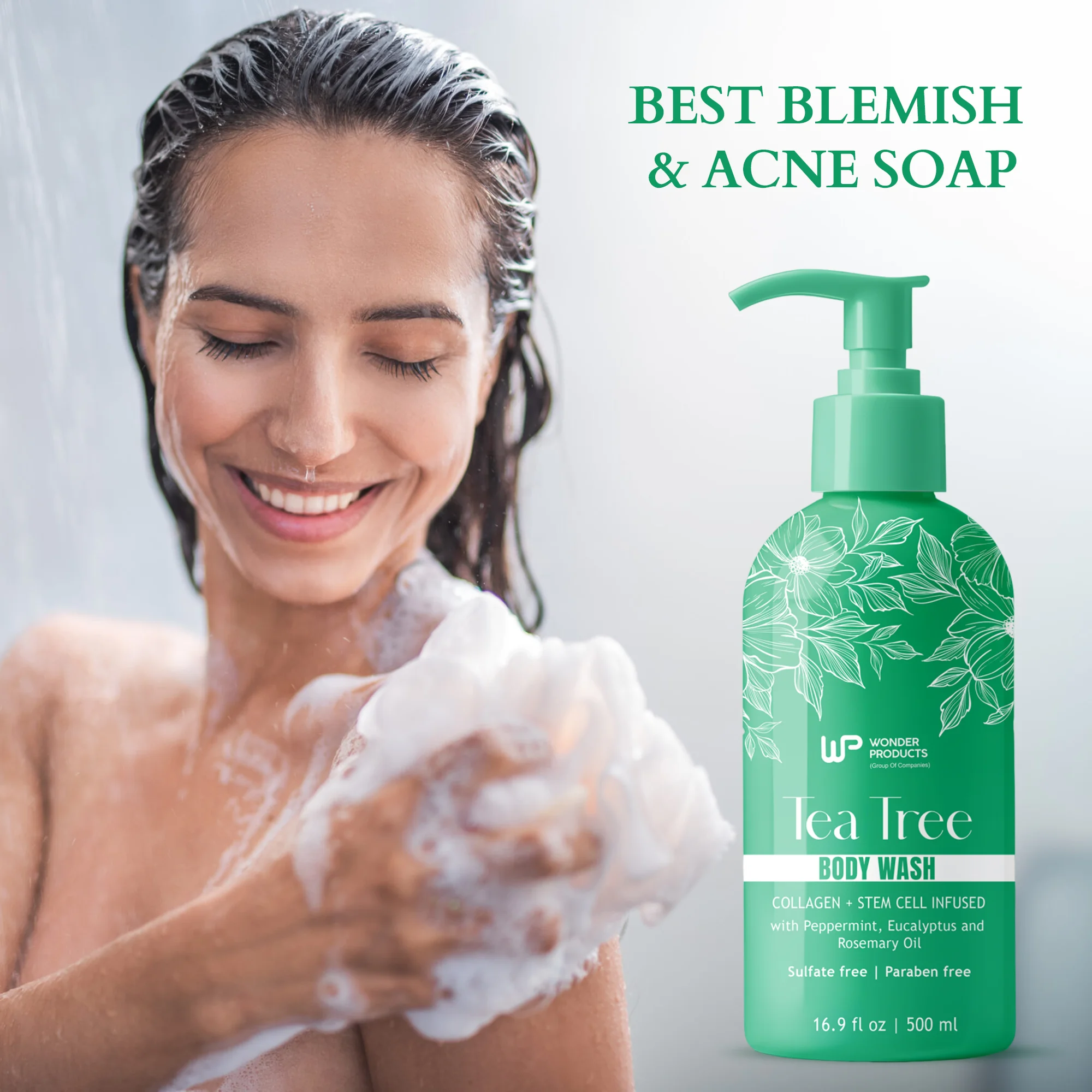 OEM/ODM Hot Selling Tea Tree Body Wash Peppermint Eucalyptus & Rosemary Oil Infused Soap for Skin Private Label Wholesale