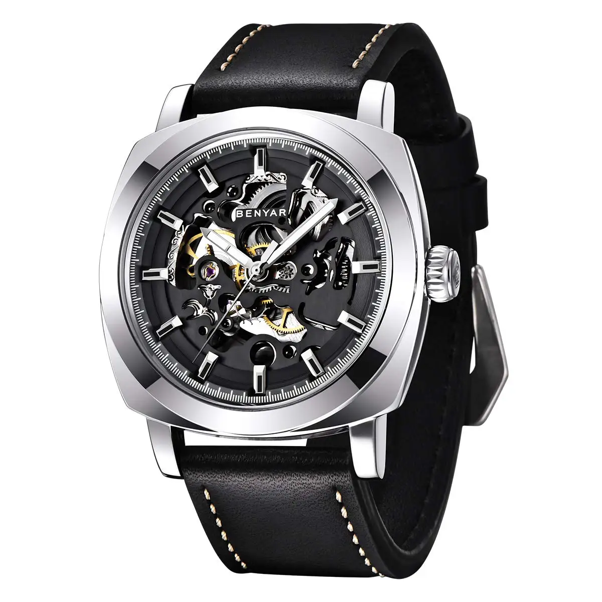 Benyar Luxury Automatic Skeleton Mechanical Watch for Men 44mm Dial Stylish Leather Strap 30M Waterproof Stainless Steel Case