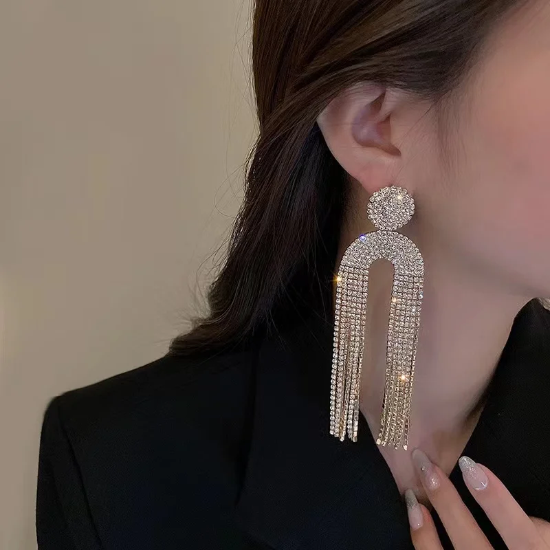 925 silver needle European and American exaggerated party geometric U-shaped ear rings jellyfish diamond tassel long earrings