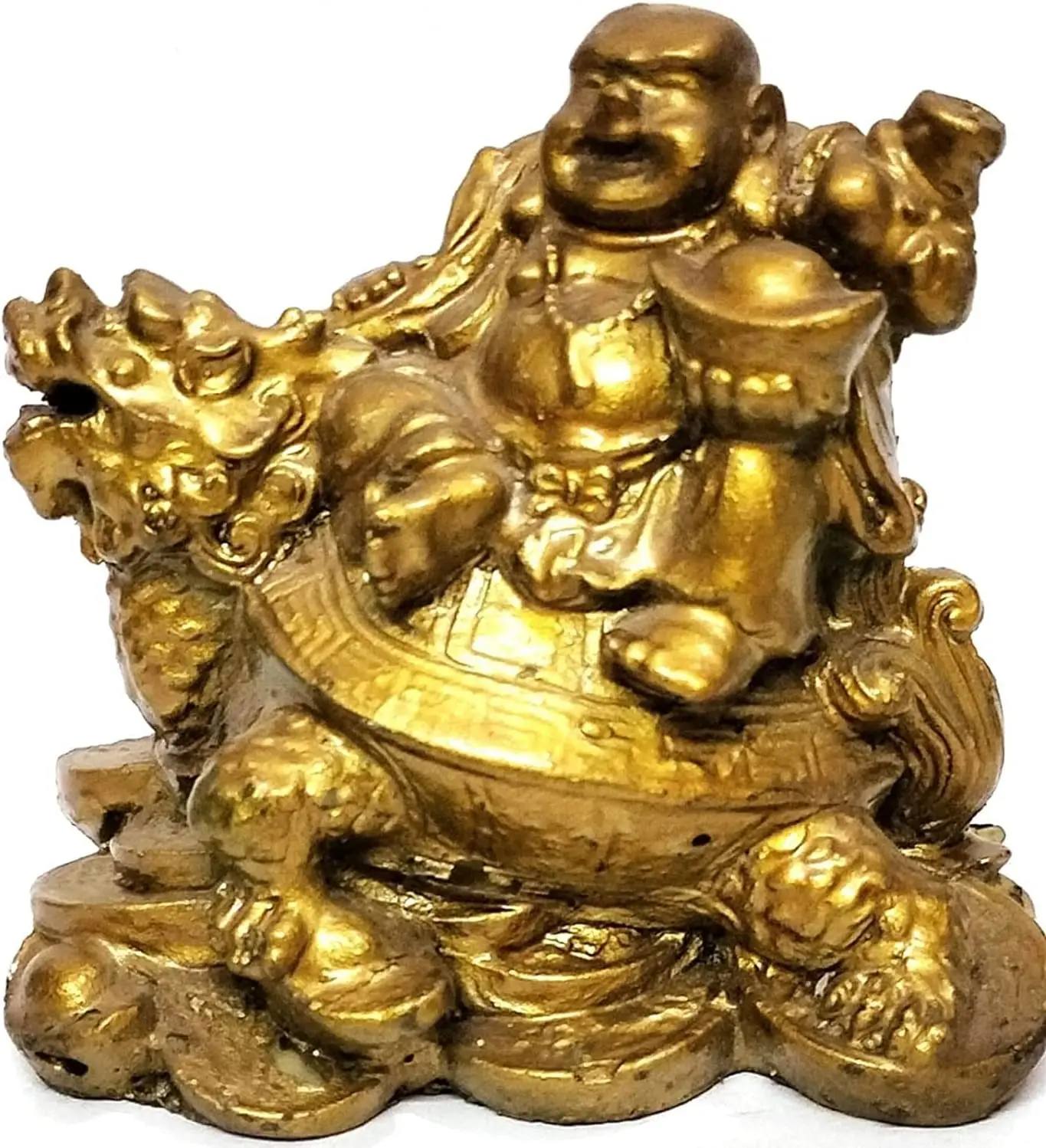 Feng Shui Laughing Buddha on Dragon Holding Ingot Money Bag, Coin for Vastu Blessing Good Luck Success & Prosperity Decorative