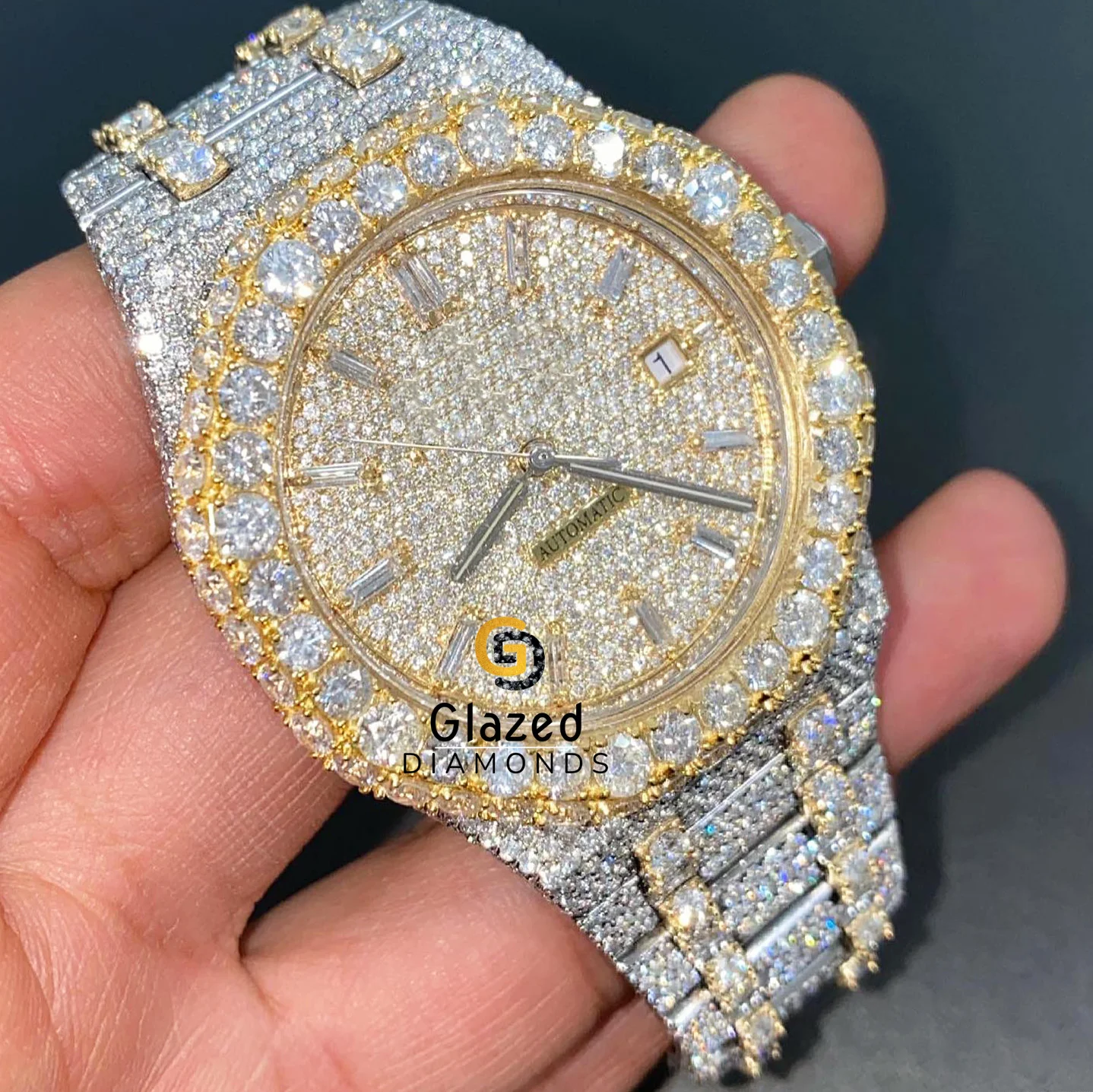 Luxurious Fancy New Brilliant Cut Lab Grown Diamond Studded Hip Hop Wrist Wear Watches Stainless Steel Smart Dial Display Date