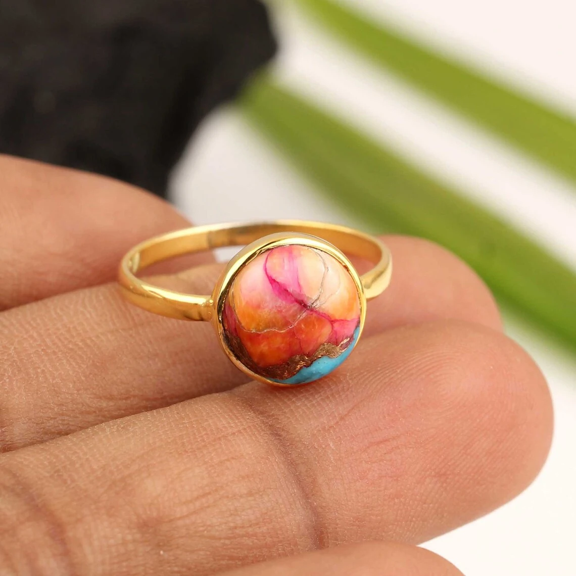 Natural Orange Dahlia Copper Turquoise 925 Sterling Silver Ring 18K Micron Gold Plated 10mm Size Wedding Party Perfect Birthday