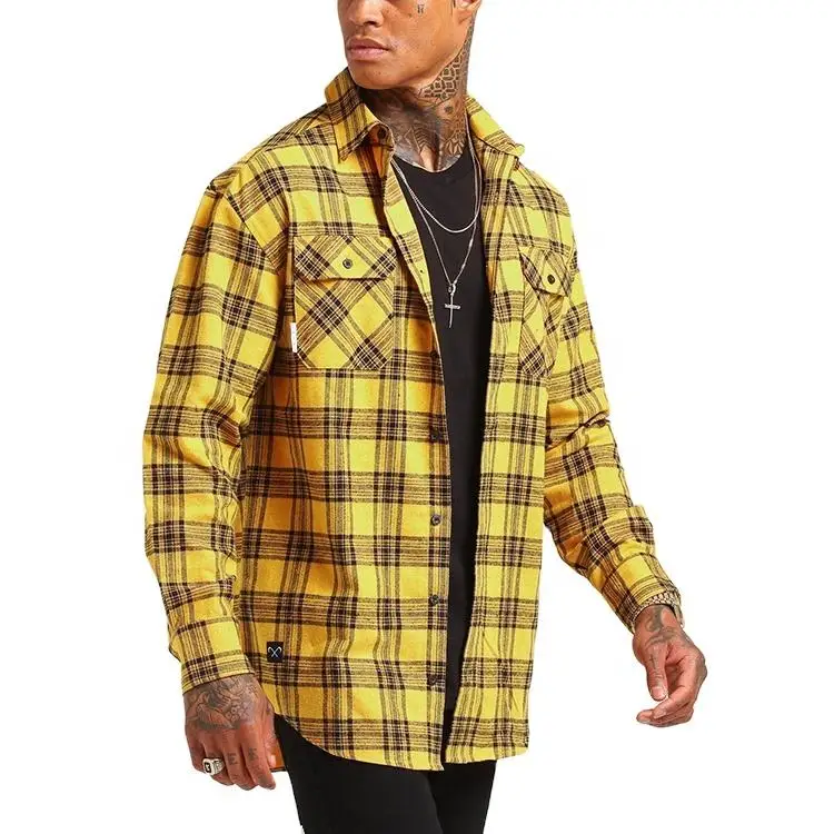 Mens yarn dyed flannel motorcycle shirts vintage casual cotton plaid thick flannel shirt unisex