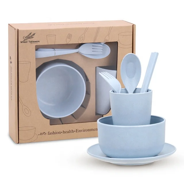 Eco Friendly Reusable Kitchen Knife Fork Spoon Plate Cup And Bowl Tableware Set Camping Wheat Straw Dinnerware Set