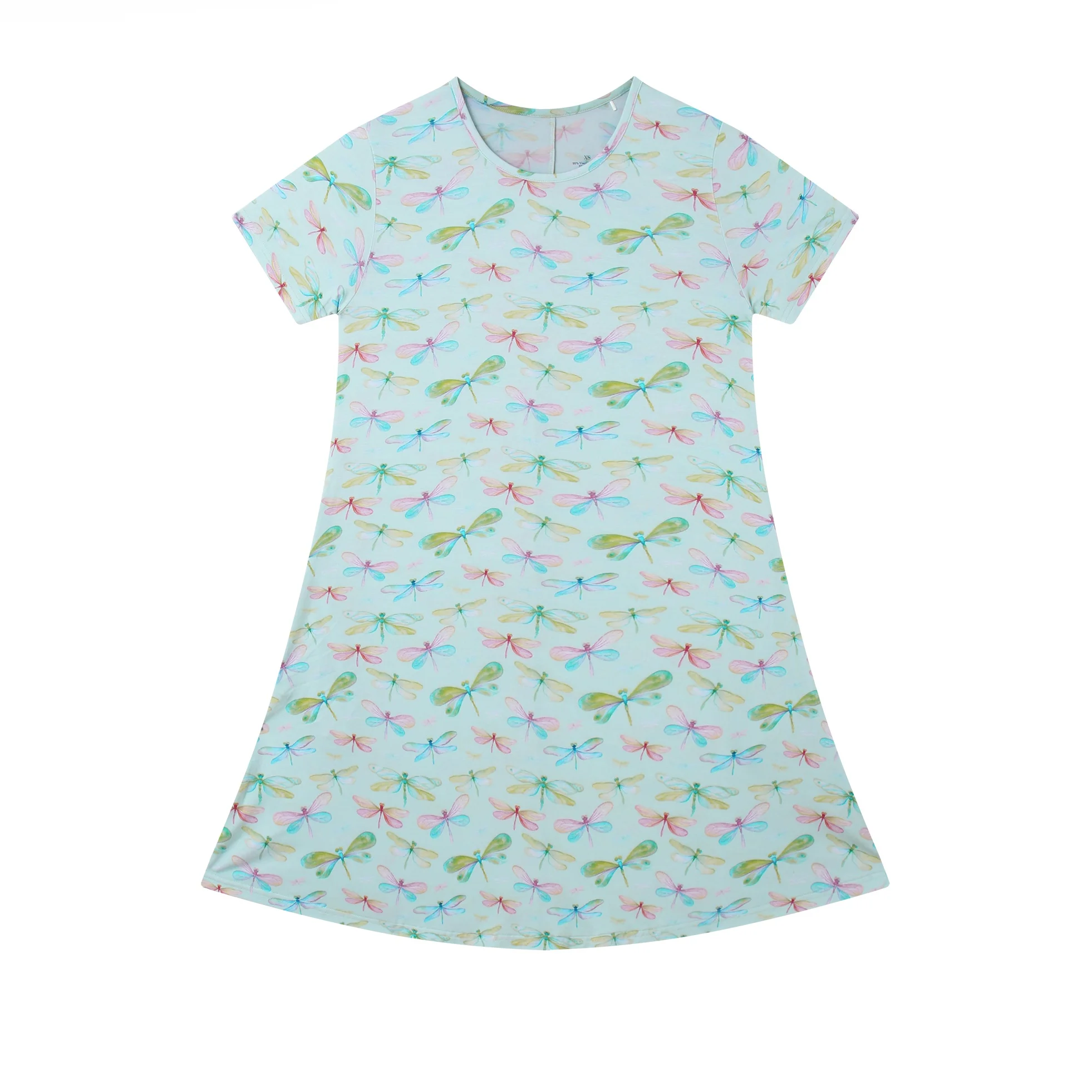Customizable Blue Bamboo Fiber Dress for Girls Long Summer Dress with Dragonfly Print Cute Style OEKO Certified Short Sleeves
