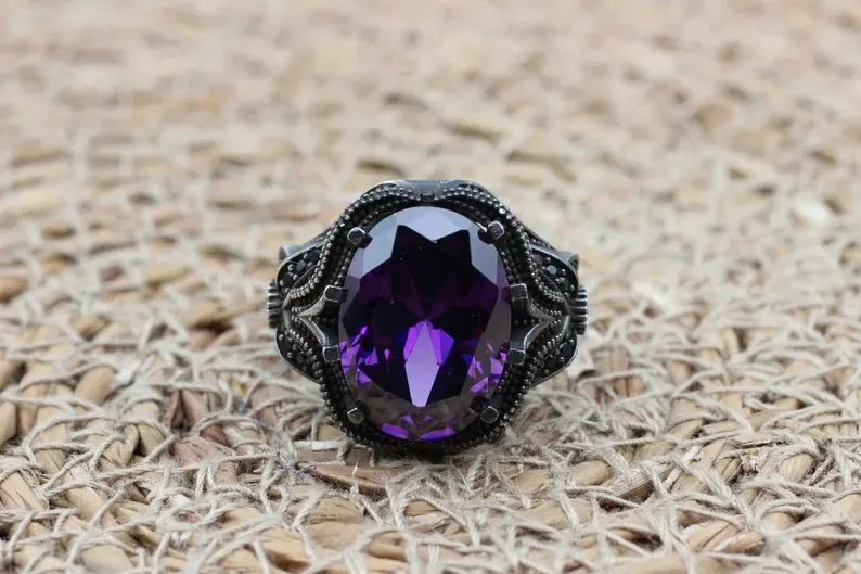 Solid 925 Sterling Silver Ring Amethyst Stone Unique Design Fancy Band Anniversary Party Wear Birthday Gifts Rings