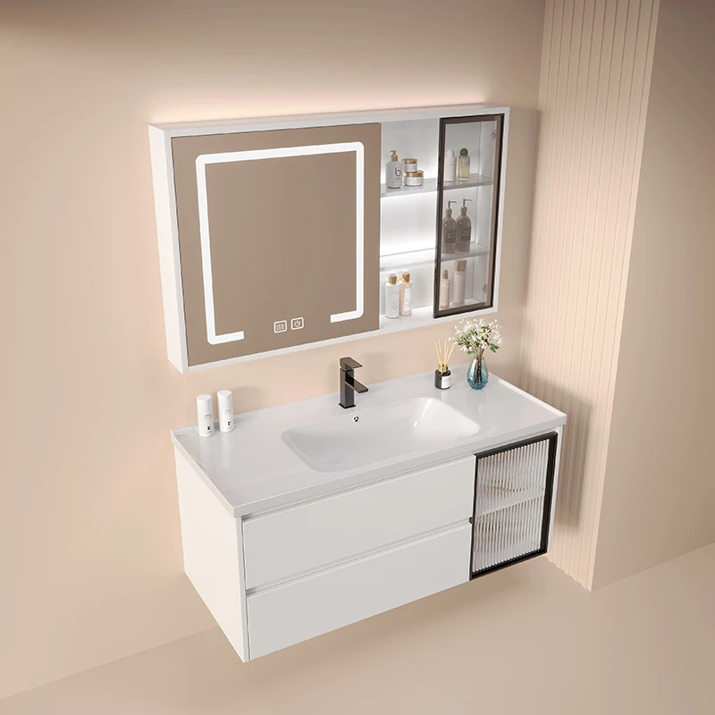 Bathroom White Bathroom Cabinet Set Smart Mirror Cabinet With Light Wall Mounted Ceramic One Piece Washbasin