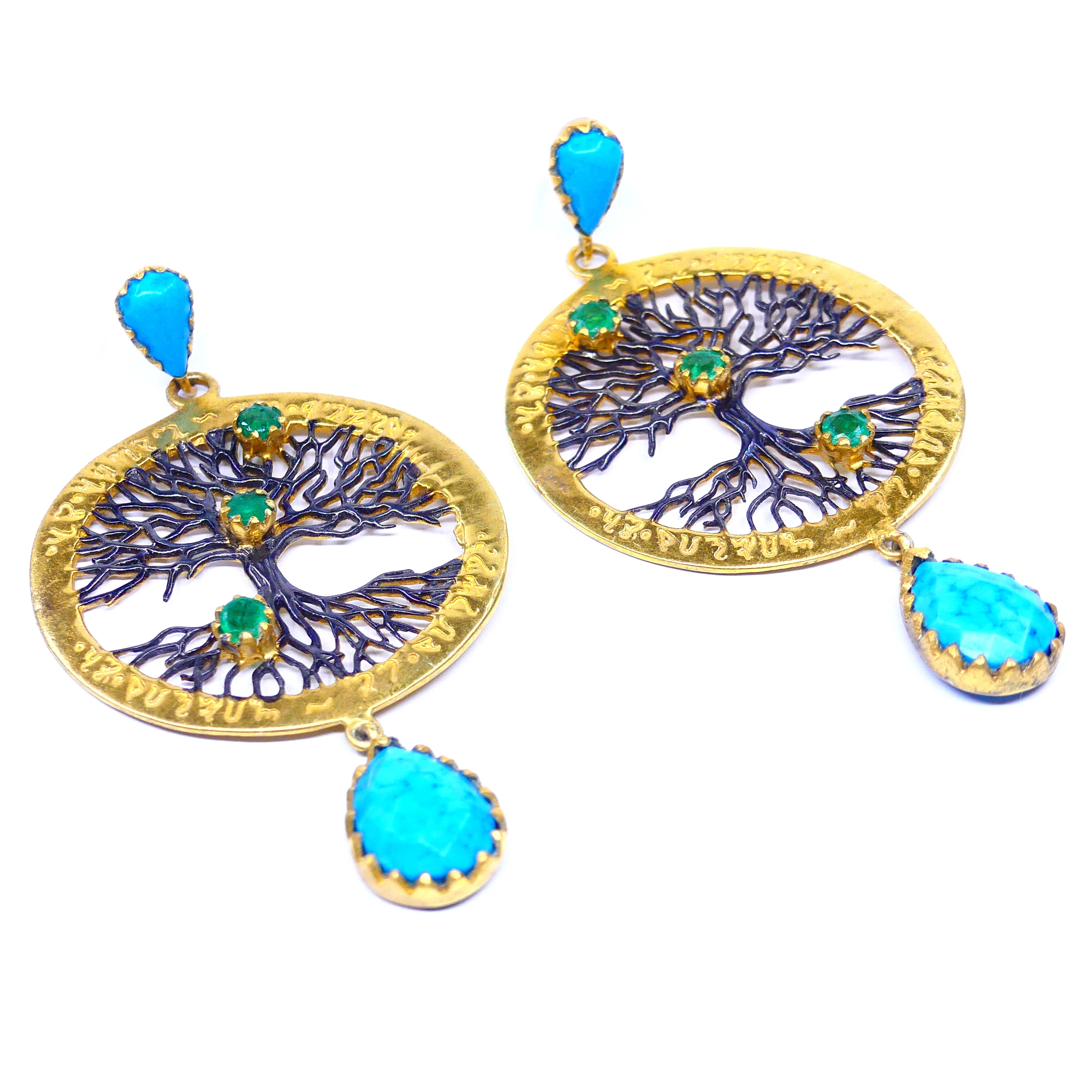 Sterling Silver 925 Oxidized Turquoise Emerald Gemstone Gold Plated Unique Elegant Women Wear Tree Earrings