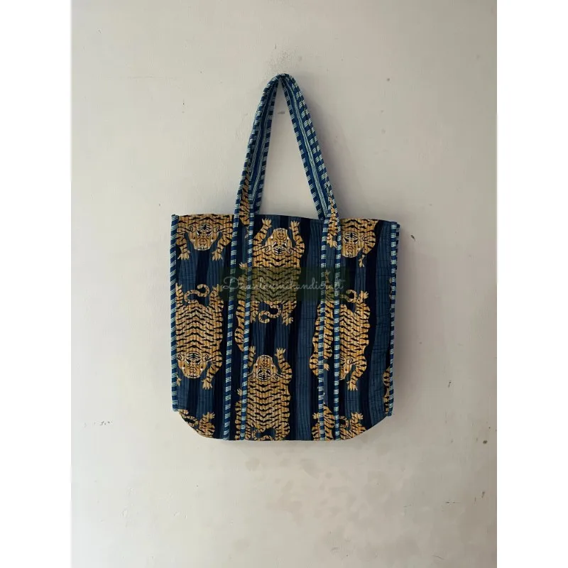 Wholesale Lot of Indian Cotton Quilted Handbags Bohemian Style Tiger Printed Fashion Casual Shopping Bags for Women