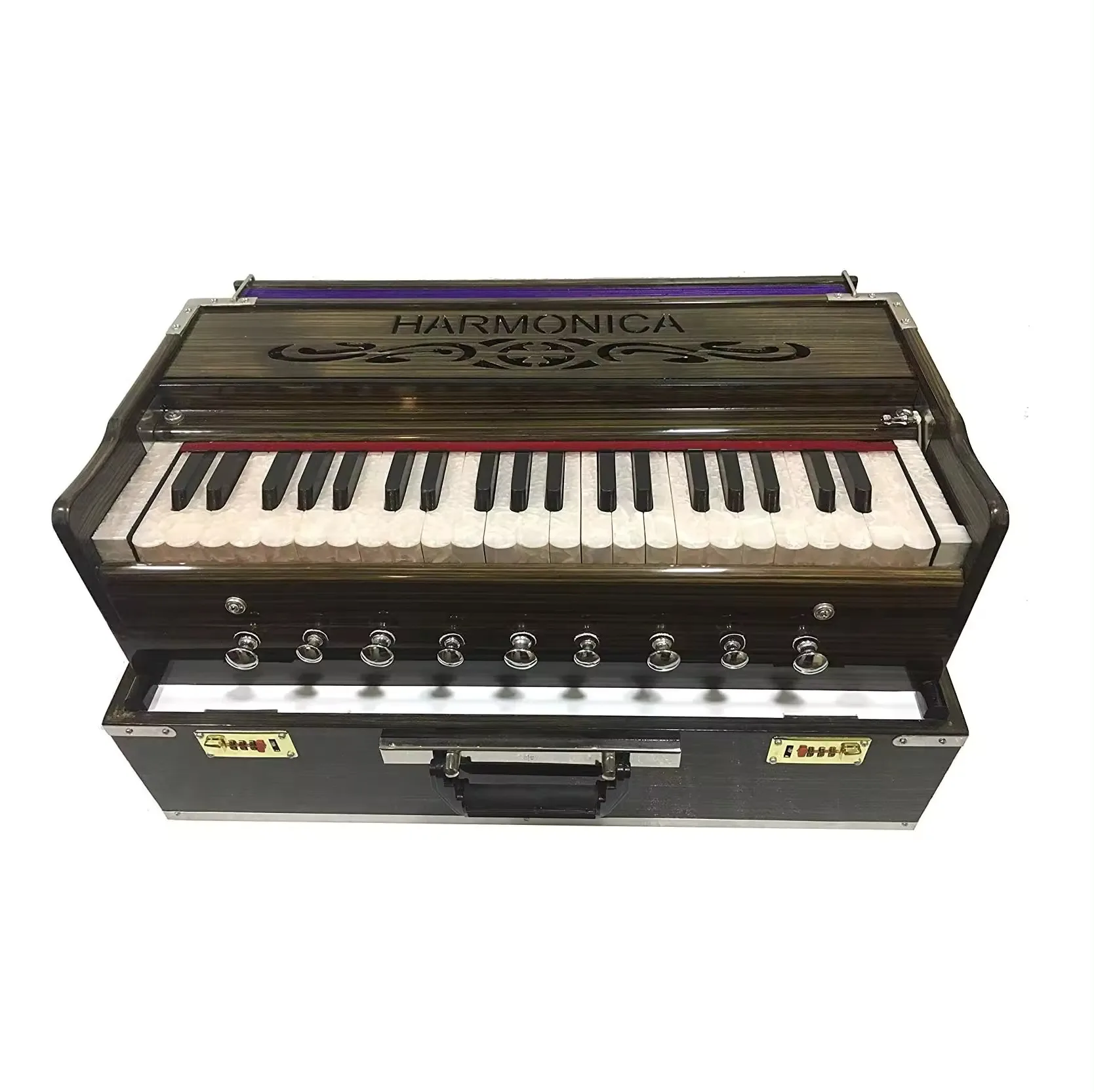 Indian Music Instrument 9 Stoppers Movable Harmonium Chudidaar Bellow 42 Button 2 Reed Bass Male Reverse Coupler