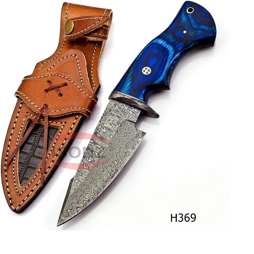 Hunting  Knife  Damascus Steel Blade Pakka Wood Blue Handle