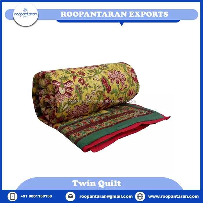 Latest Stylished Factory Outlets Anarkali Lime Jaipur Handmade Pure Cotton Twin Quilt For Sale At Cheap Price