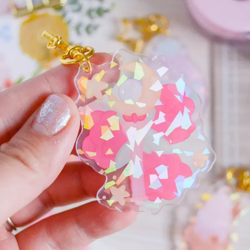 Laser logo clear printed charm custom acrylic holographic finish keychain