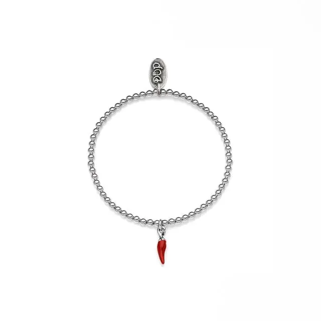 Handmade in Italy- Elastic Boule Bracelet with Charm Mini Chili Pepper Lucky Charm in Sterling Silver and Red Enamel