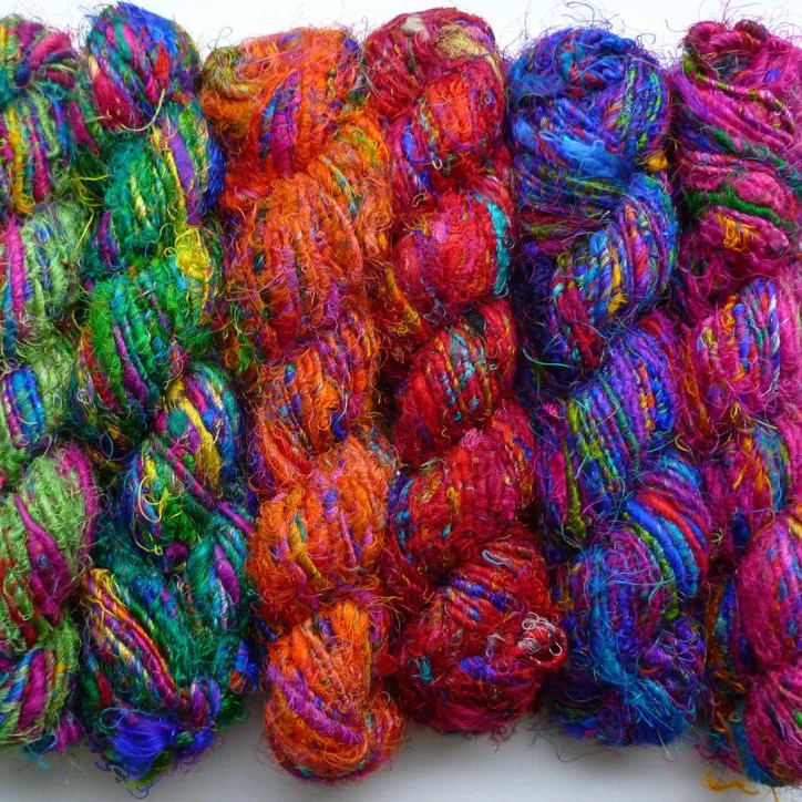 Recycled Sari silk yarn or Himalaya silk yarn handspun Mulberry silk waste Yarn for Weaving tufting knitting crochet art & craft