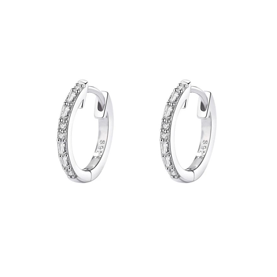 Exquisite Wholesale 925 Sterling Silver Fine Jewelry Emerald Cut Cubic Zirconia Baguette Hoop Earrings