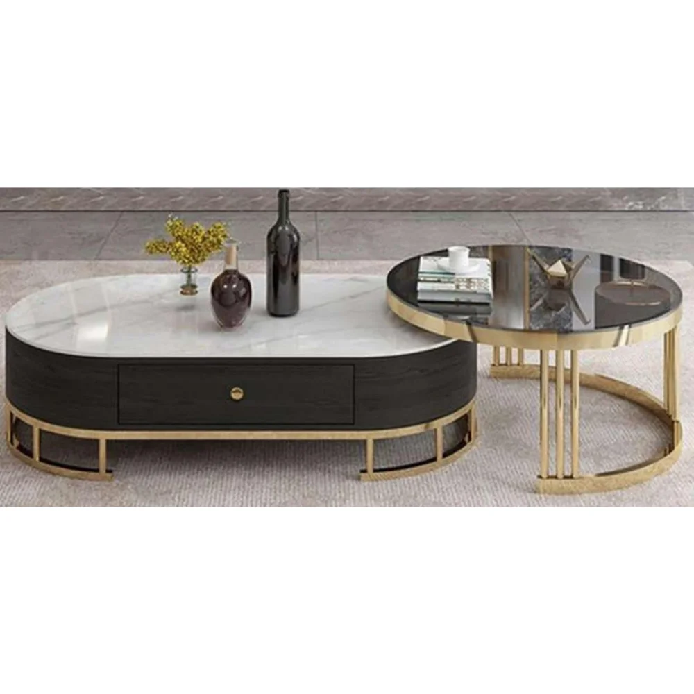 Centre Coffee Table Metal Legs Wood/Glass Top Lacquered Polished  120*65*33 - 80*42