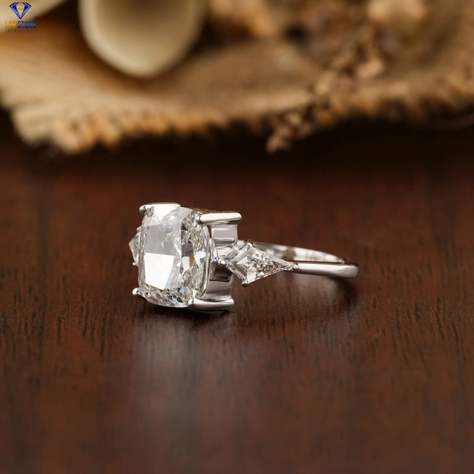 4.85 TDW Cushion & Kite Cut Diamond Ring 18k White Gold Three Stone Ring Cvd/Hpht Diamond Lab Stone Jewelry