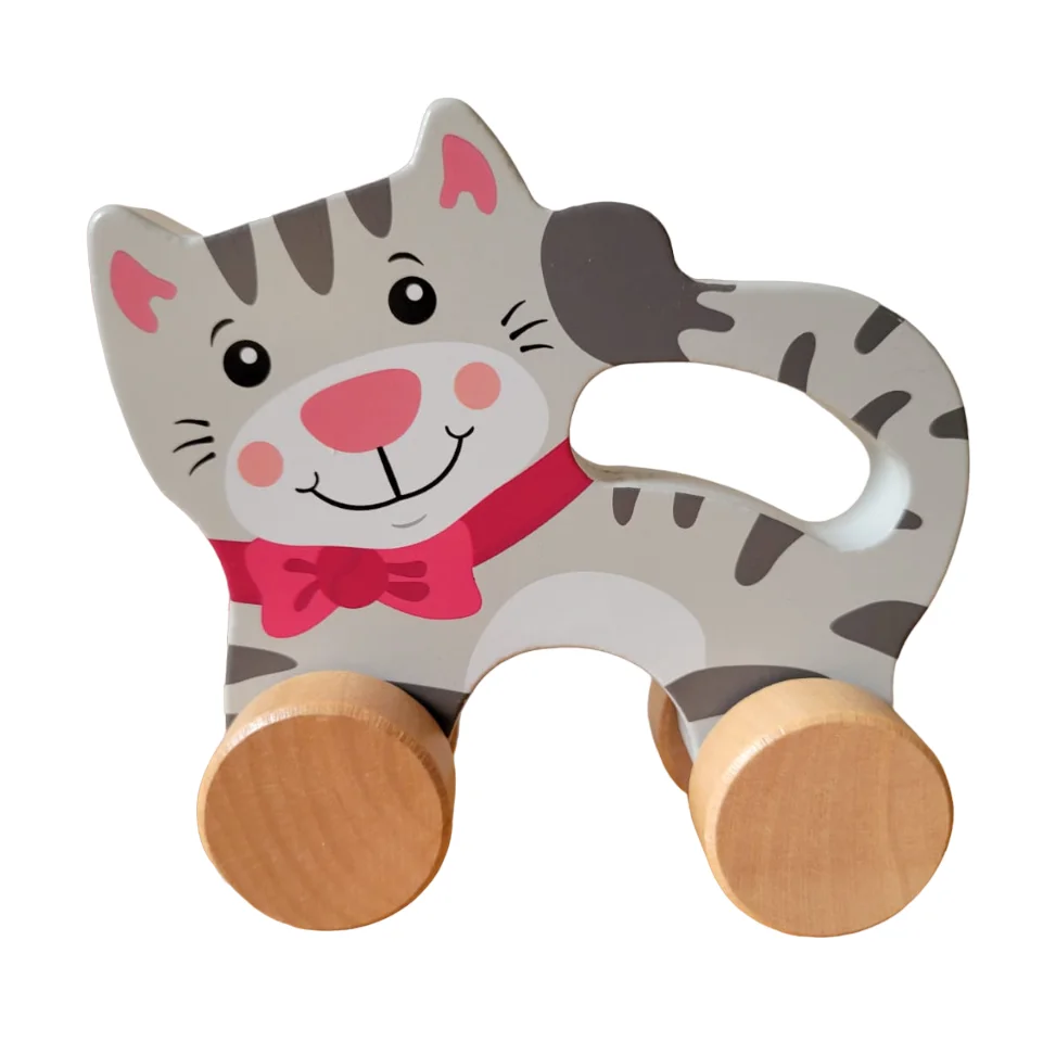Customized Good Quality Colorful Wooden Animal Car Cat Children Push Toys Wood For Infant