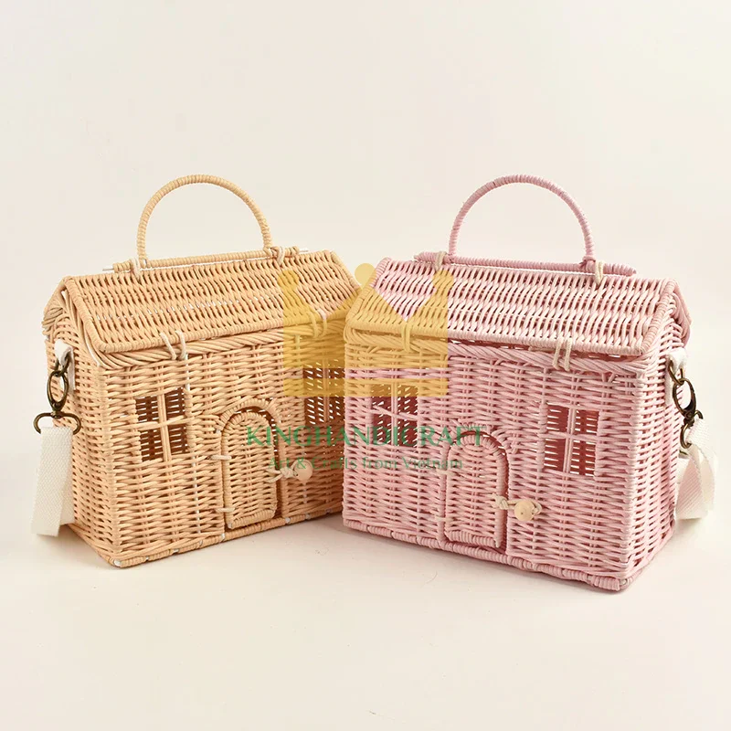 Pink Color House Shape Basket 100% Rattan Material For Kid 36 months Plus Decor Living Room Made In Vietnam