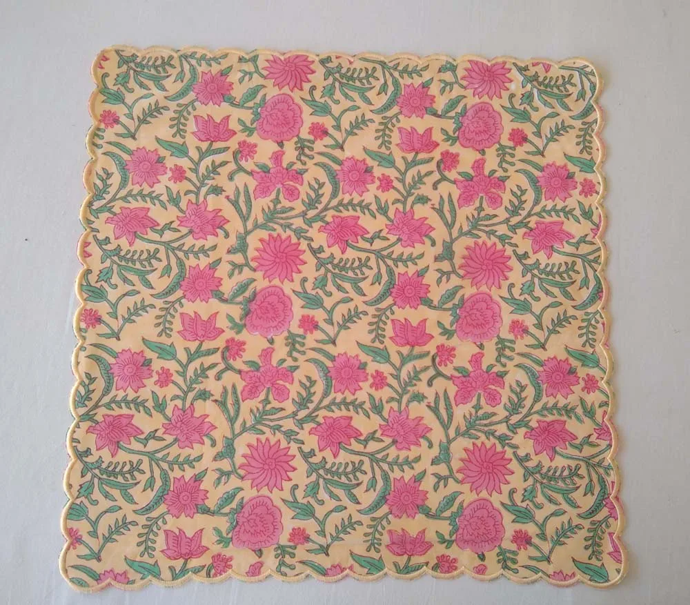Indian Handmade Reusable Cotton Napkins Set Floral Leaf Hand-Block Printed Embroidered Scalloped Edge Weddings Kitchen Soft