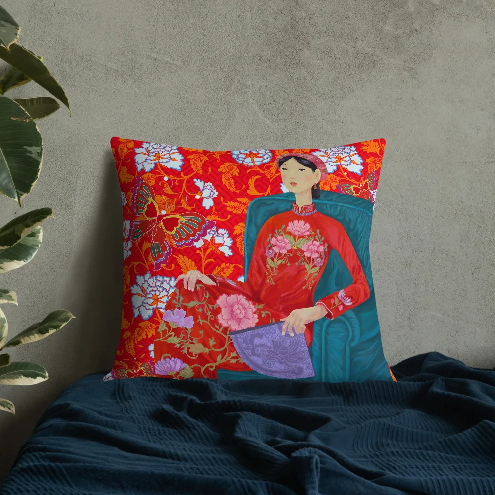 Unique 45x45cm Polyester Pillow Cover with Custom Red Ao Dai Asian Woman Design by Halinhthu Casa Design And Size 100% Polyester