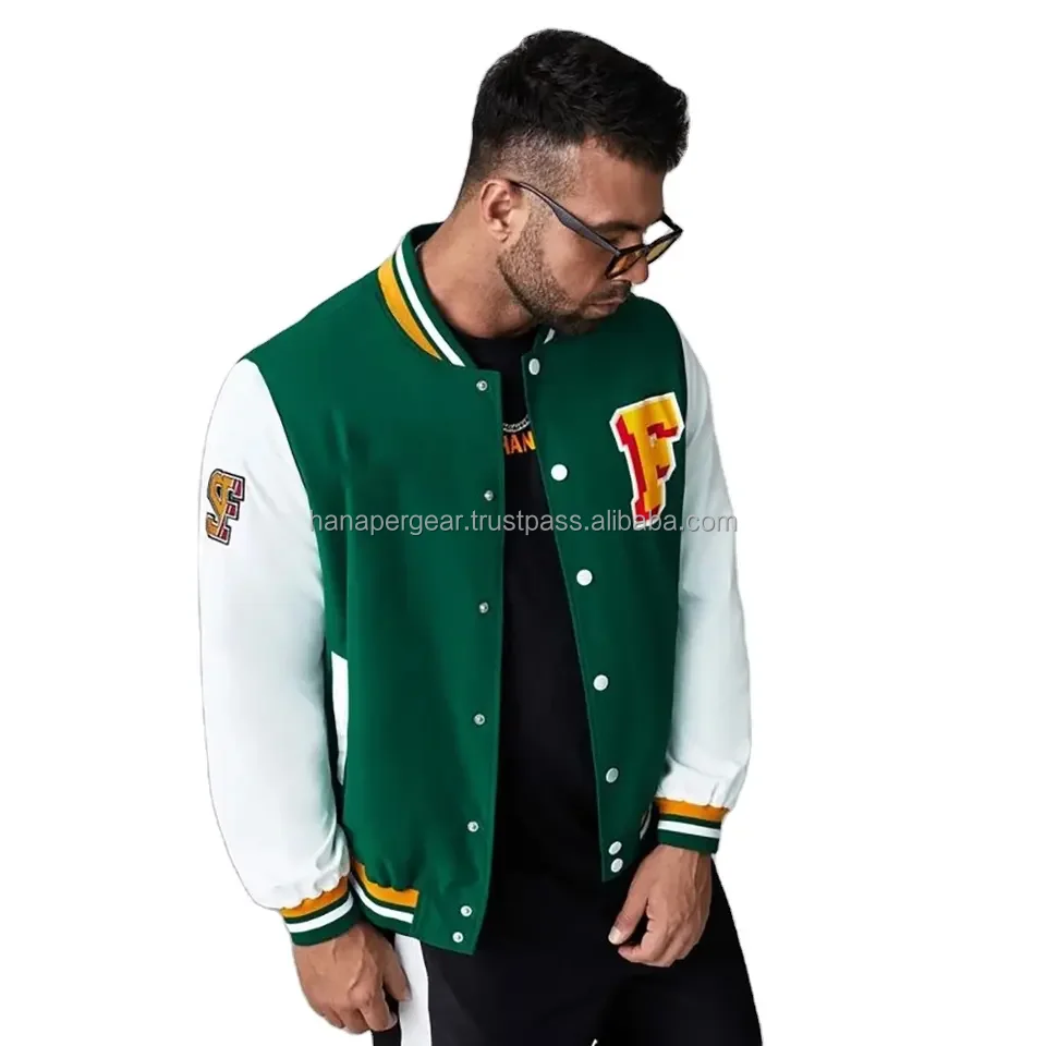 Premium Letterman Baseball School College Bomber Varsity Jacket White & Green Genuine Leather Sleeves Jacket