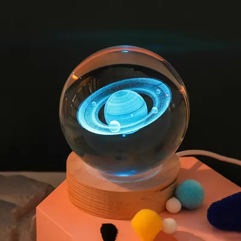 60mm Glass Solar System Planet Sphere 3D Laser Engraved Galaxy Crystal Ball with Wood LED Light Night Lamp