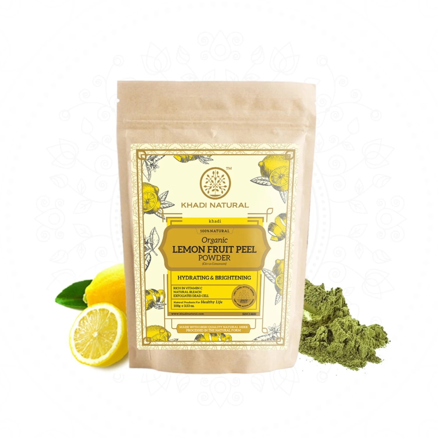 Khadi Natural Lemon Fruit Peel Organic Powder 100% Natural - Pack of 100ml helps in treating acne and oily skin