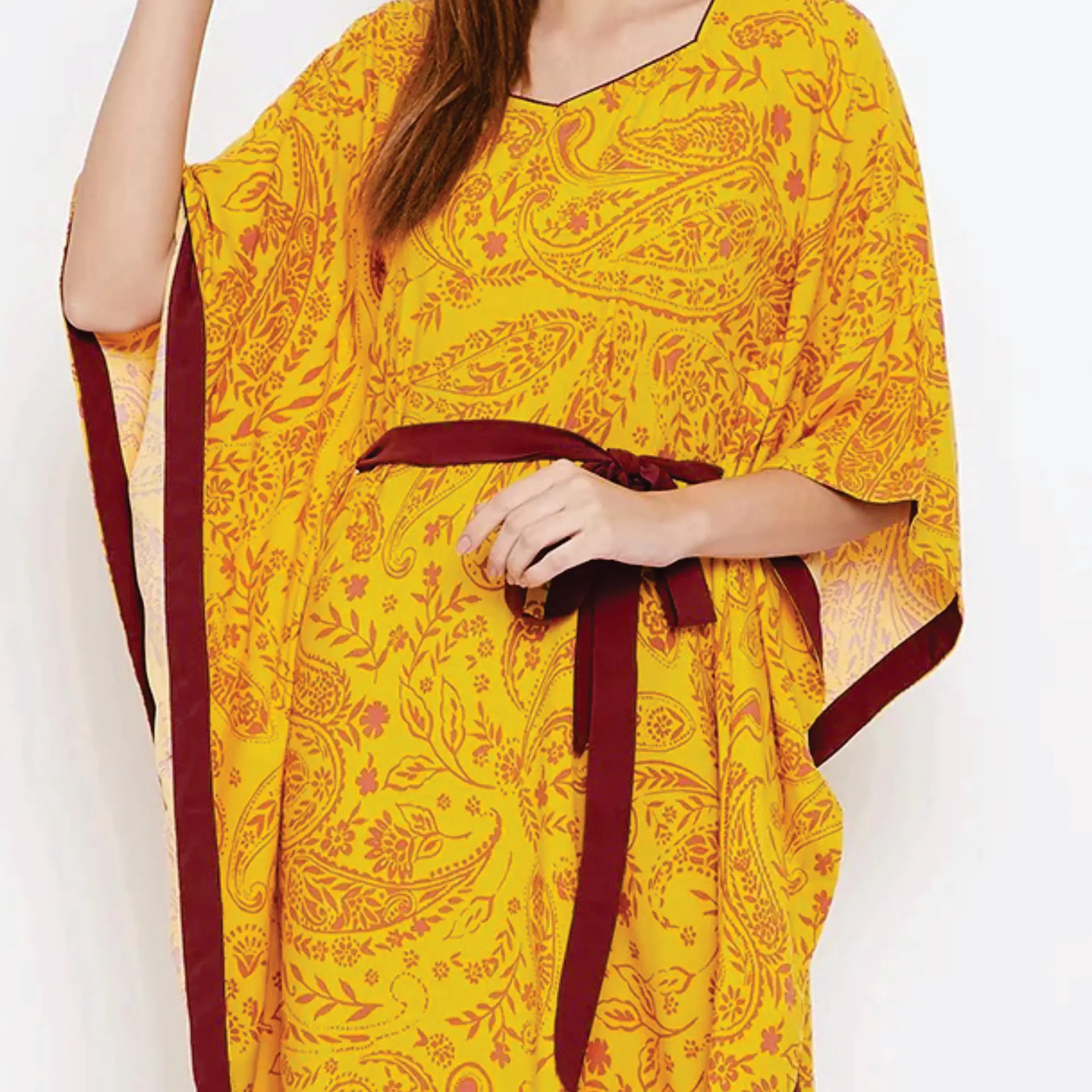 Comfortable Fit Viscose Modal Shaped Neckline with Piping Detail with Short Extended Sleeves Yellow Paisley Print Kaftan