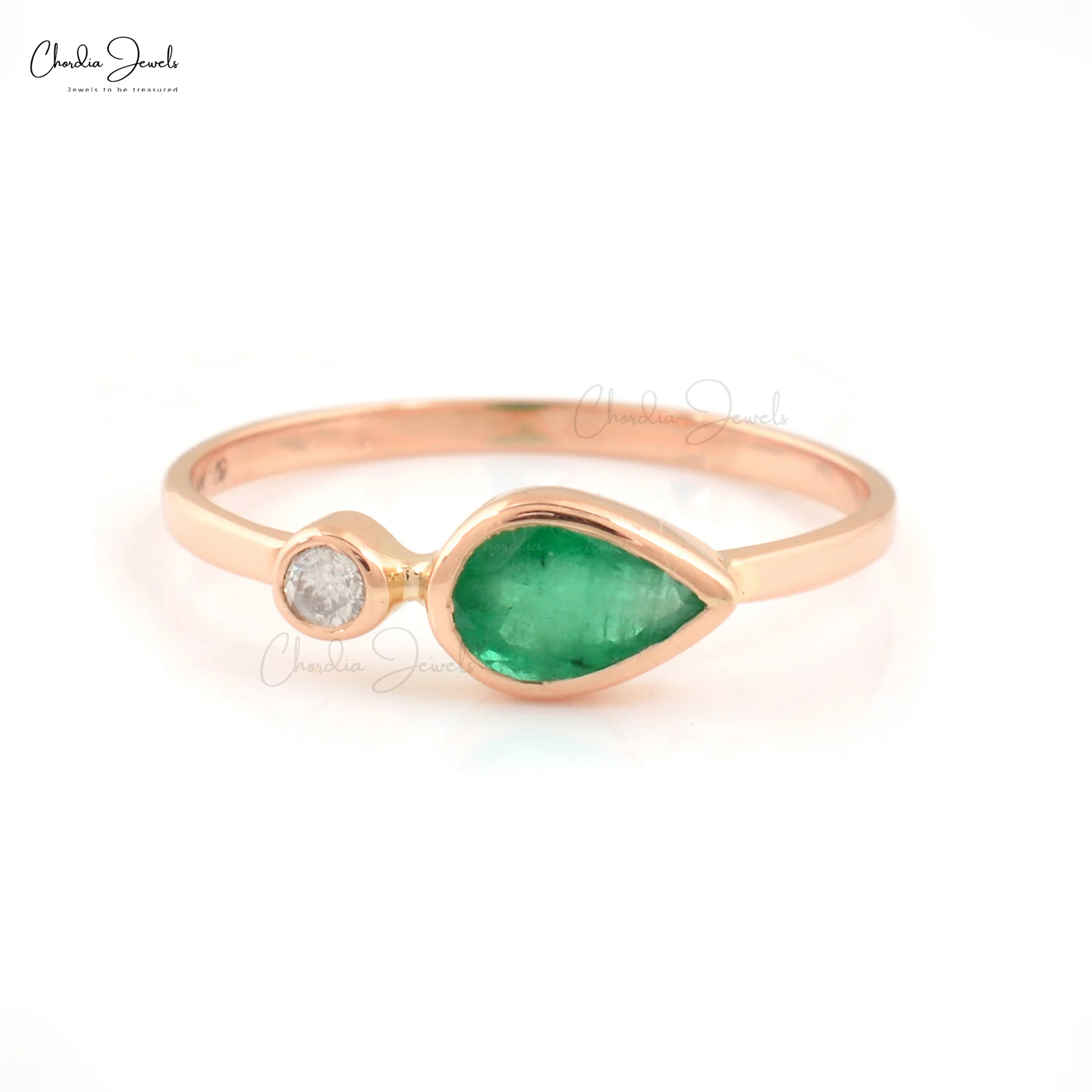 Top Wholesale Supplier 6x4mm Green Emerald Gemstone Bezel Set Ring With G-H Quality Diamond 14k Rose Gold Wholesale Fine Jewelry