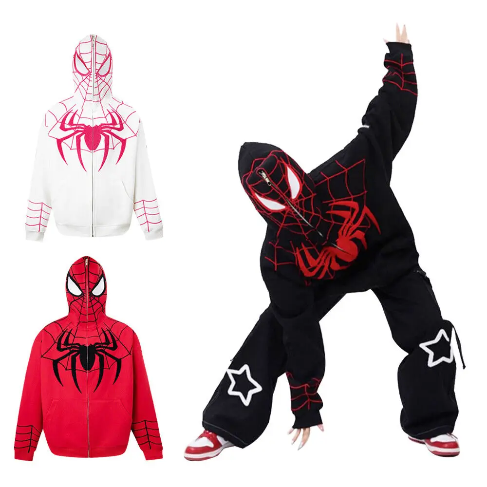 Spider Full Zip High Quality Embroidery Hoodies Anime Plus Size Streetwear Cotton Zipper Hoodie Men Fleece Fabric Knitted Hooded