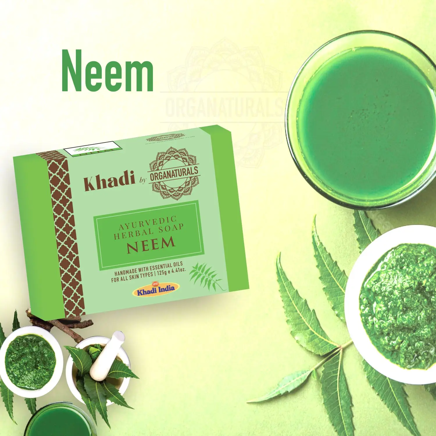 Khadi Ayurvedic Neem Handmade Soap for Bath Moisturizing & Deep Cleansing Suitable for All Skin type - 125g