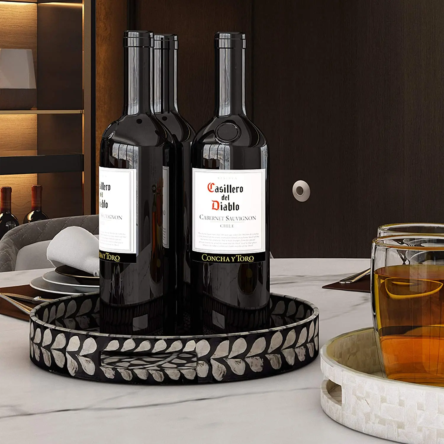 Handmade round lacquerware mother of pearl inlay tray seashell inlaid wood trays produced in Vietnam