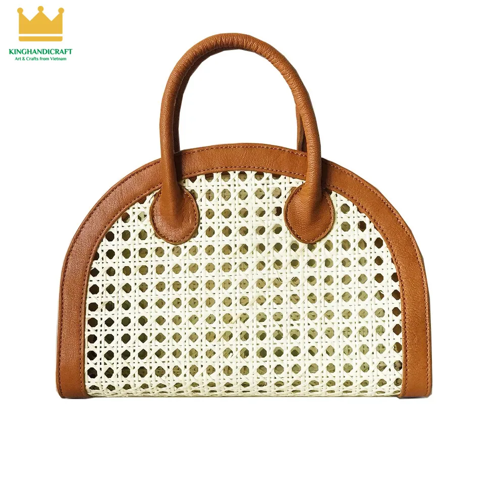 Light brown rattan bag/ rattan bag wholesale/ leather handle cane webbing bag hot sale