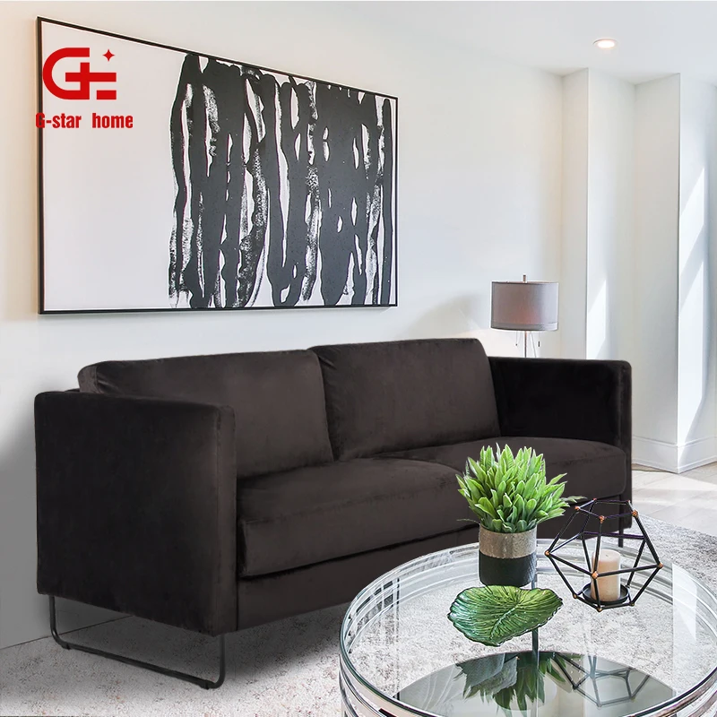 European Style Furniture Living Room Sofa Black Velvet Three Seater Sofa