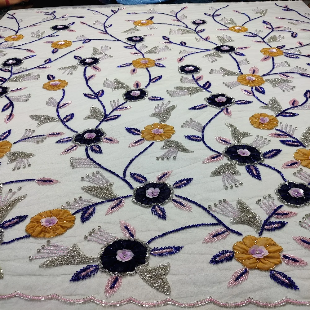 3D Hand Beaded Embroidered Net Fabric Luxury Beaded Fabric for garments