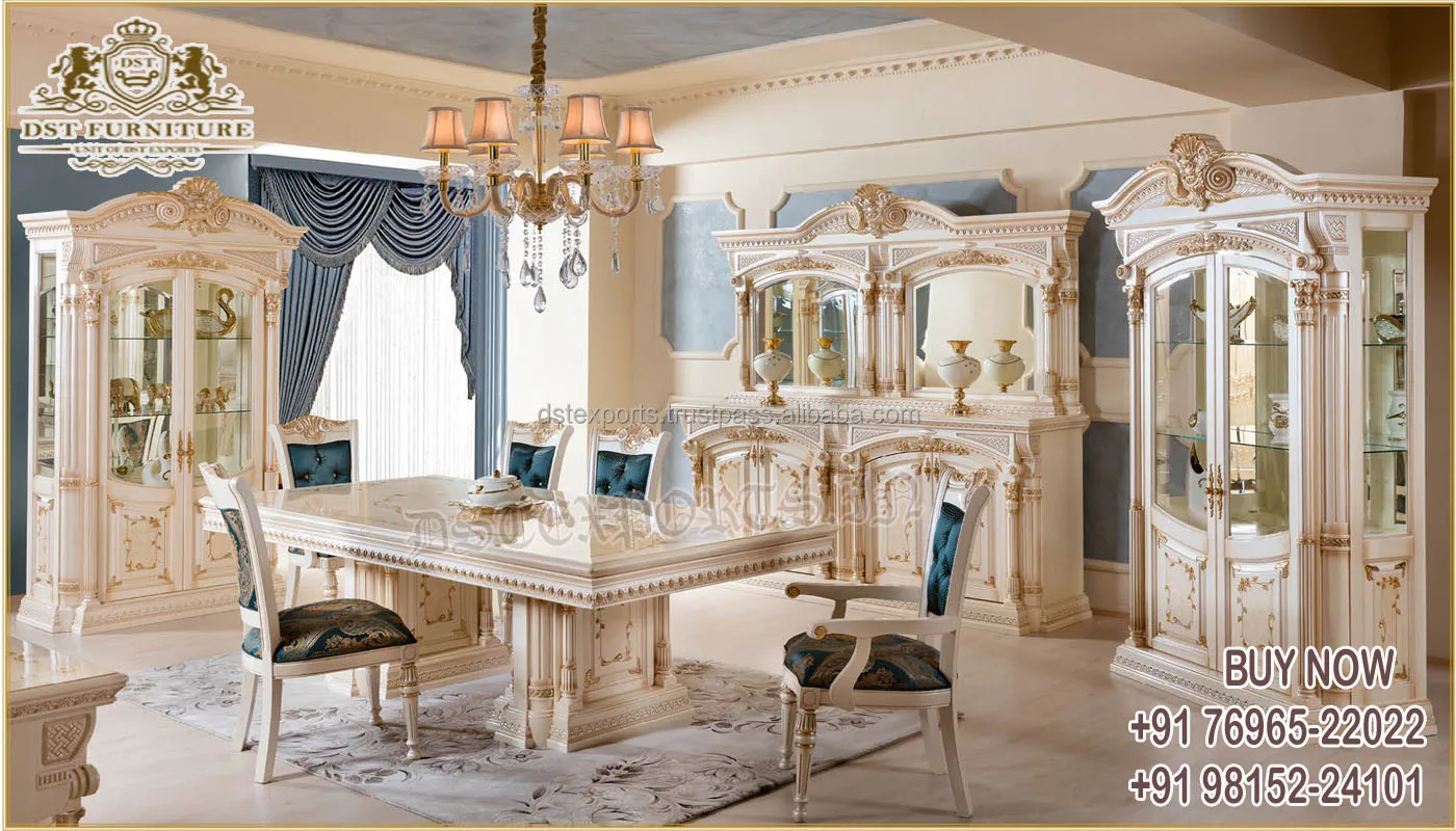 Royal Baroque Heavy Carved Gold Dining Table Set Luxury Dining Room Sets for Grand Villa Victorian Gold Dining Table Set
