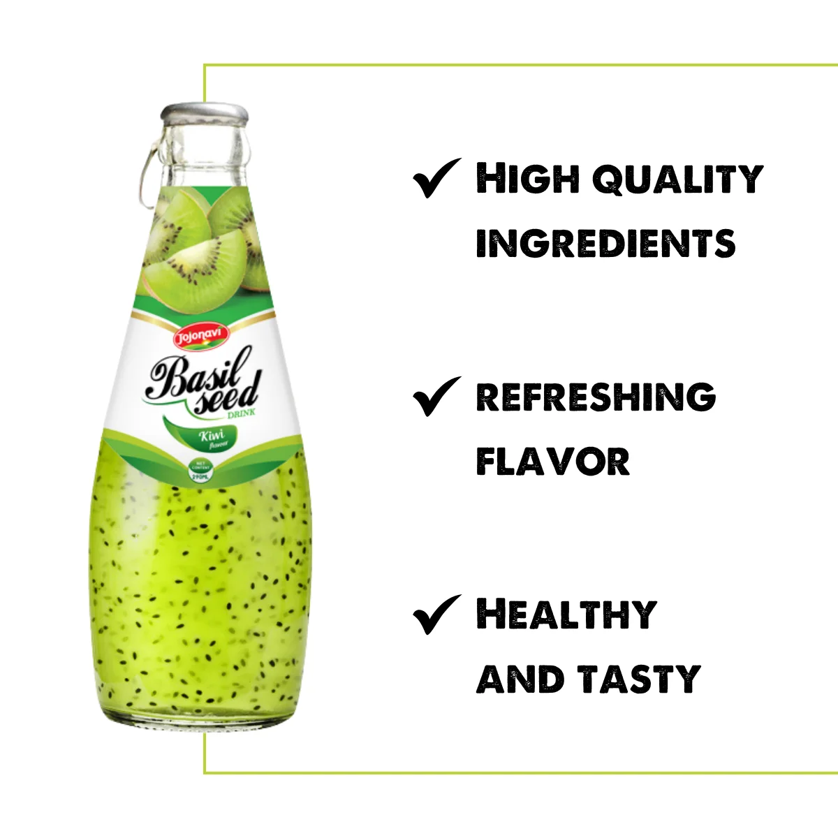 JOJONAVI Kiwi Flavored Basil Seed Drink 290ml Glass Bottle Wholesale supplier Private label OEM ODM Manufacturer