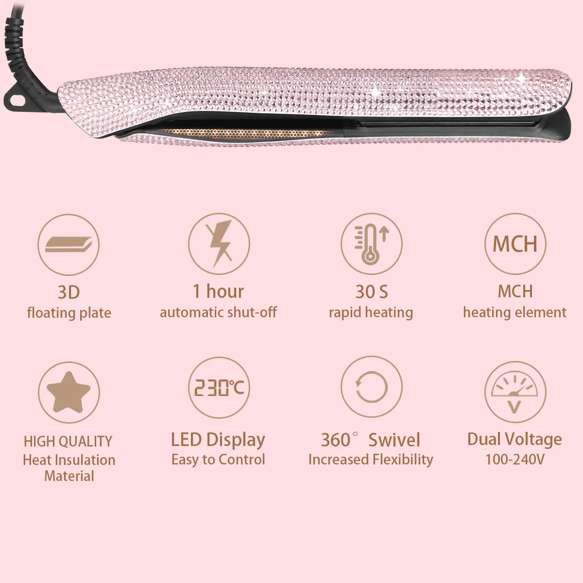 Professional Portable Gemstone Titanium Flat Hair Straightening Iron Diamond Bling Hair Straightener Electric Dual Voltage