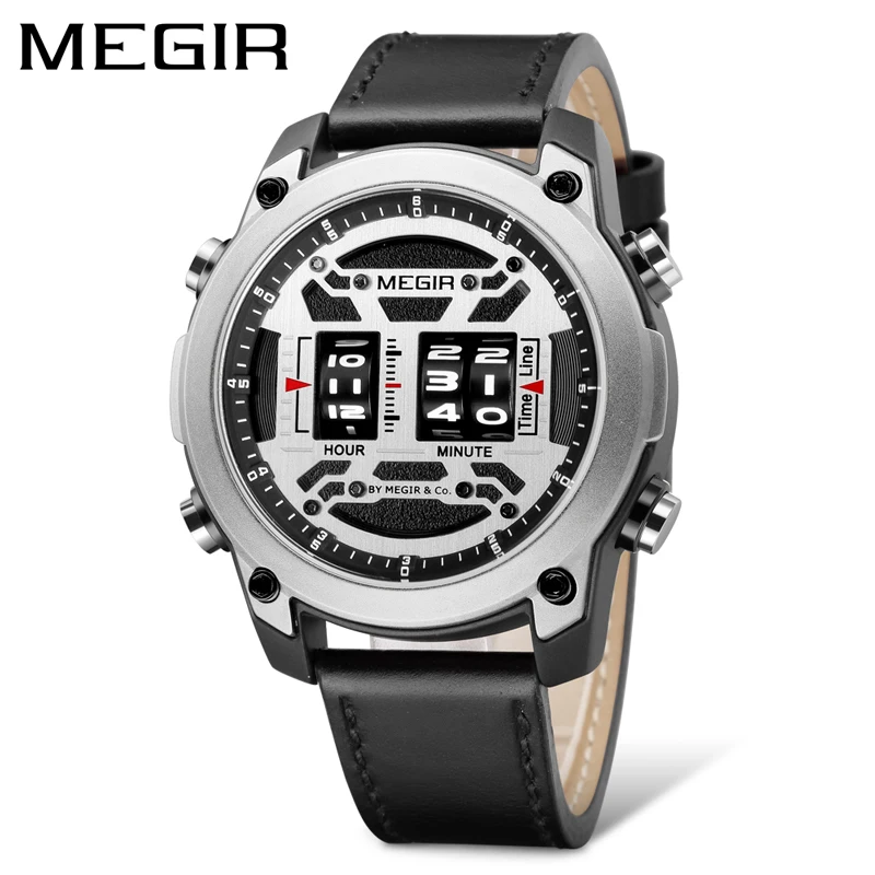 MEGIR 2142 Drum Roller Watch for Men Fashion Quartz Wristwatch Leather Strap Sports Men Designer Wristwatch relogio masculino