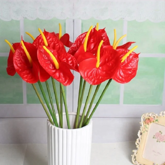 Artificial silk  Anthurium Flowers Fake Plant Anthurium Flowers Bouquet Floral Arrangements Bouquets for Wedding Home Garden