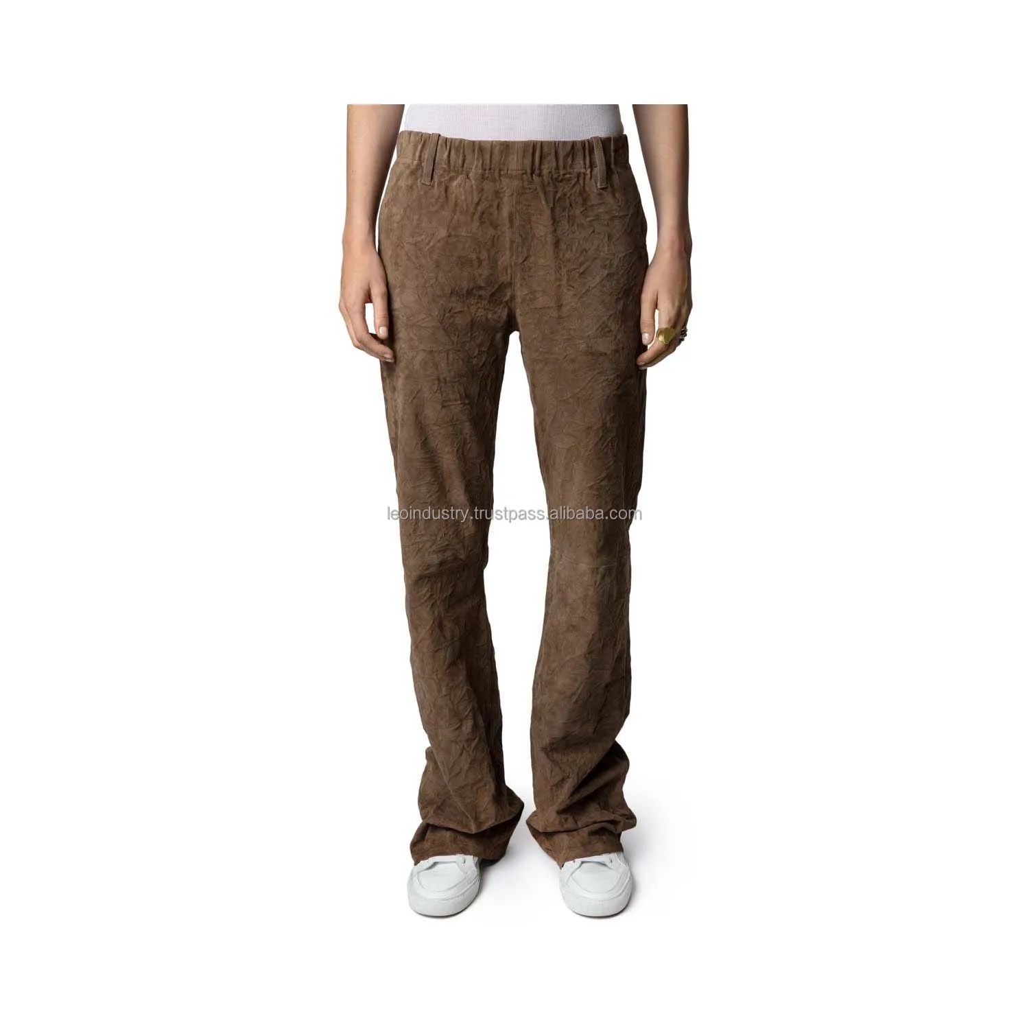 Newly Released Black Stretch Genuine Leather Pants Women High Waist Casual Sport Style Stacked Pattern PU Leather Canvas Fabric