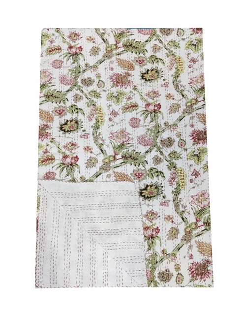 Flower Kantha Hand Block Print Cotton Kantha Quilt Indian Kantha BedCover Handmade Quilt, Kantha Bedspread Twin/Queen/king Size